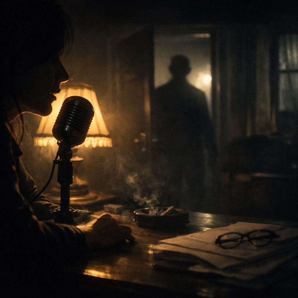 create an image with no text depicting  A Voice in the Dark   Theres something different about a mystery told aloudThe tension feels closerThe silence