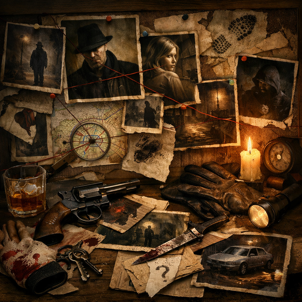 create image with no text depicting hidden clues layered suspects and dark turns-1